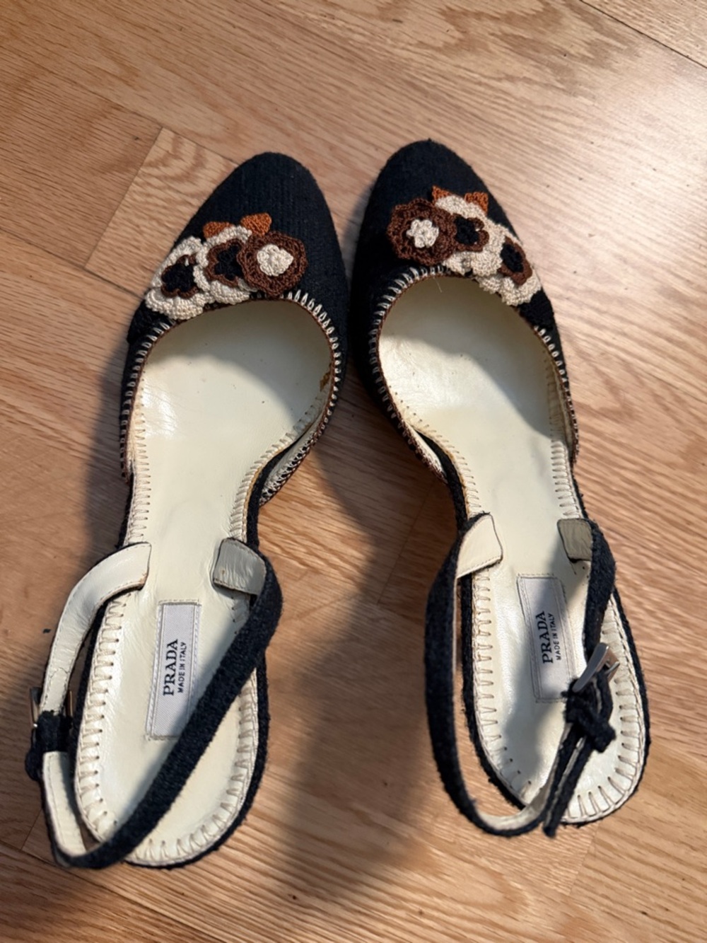 Prada Black Pointed-Toe Slingback Flats with Floral Crochet - Picture 6 of 6